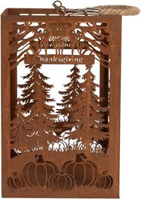Rustikálny hrdzavý lampáš s tekvicami a stromčekmi - 19*19*30 cm