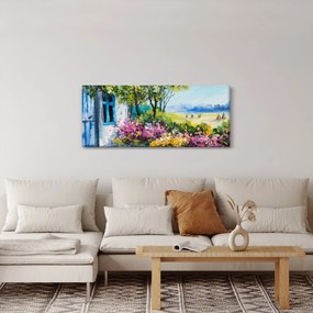 Obraz záhradky pred domom, olejomaľba (120x50 cm)