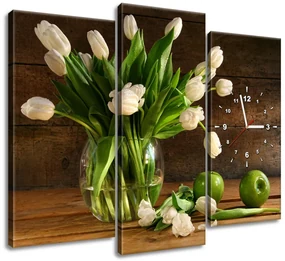 Gario Obraz s hodinami Očarujúce biele tulipány - 3 dielny Rozmery: 90 x 70 cm