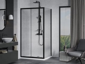 Mexen APIA, sprchový kút s posuvnými dverami 140 (dvere) x 70 (stena) cm, 5mm číre sklo, čierny profil + biela sprchová vanička, 840-140-070-70-00-4010B