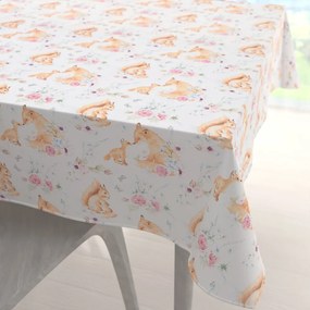 Biante Detský bavlnený štvorcový obrus Sandra SA-694 Veveričky a líšky medzi kvietkami na bielom 80x80 cm