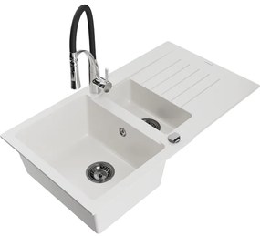 Mexen Matias, granitový drez 900x505x200 mm, 1,5-komorový a drezová batéria Aster, biela, 6502-20-73450-07-B