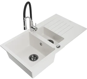 Mexen Matias, granitový drez 900x505x200 mm, 1,5-komorový a drezová batéria Aster, biela, 6502-20-73450-07-B