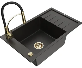 Mexen Elias, 1-komorový granitový drez 795x480x200 mm a drezová batéria Aster, čierna-zlatá metalíza, 6511-75-73450-57-G