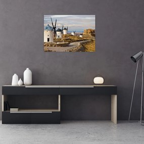 Sklenený obraz - Veterné mlyny Consuegra, Španielsko (70x50 cm)