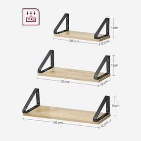 Vasagle Nástenné konzolové police ABBY, 3ks, 30/35/40x12cm, čierna/bledá hnedá