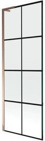 Mexen Next L, 1-krídlová vaňová zástena 70 x 150 cm, 6mm číre sklo-čierny vzor, ružové zlato profil, 895-070-000-03-77-60