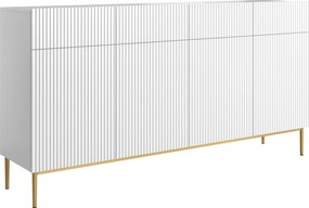 Biela štvordverová komoda Nicole 200 cm so zásuvkami s ryhovaným čelom - biely mat / zlaté nožičky