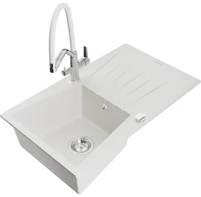 Mexen Cesar, 1-komorový granitový drez 775x470x190 mm a drezová batéria Duo, biela, 6514-20-671701-02