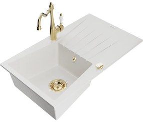 Mexen Cesar, 1-komorový granitový drez 775x470x190 mm a drezová batéria Carla, biela, 6514-20-670700-50