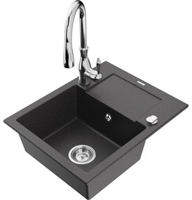 Mexen Enzo, 1-komorový granitový drez 576x465x174 mm a drezová batéria Savita, čierna škvrtnitá, 6506-76-672601-00