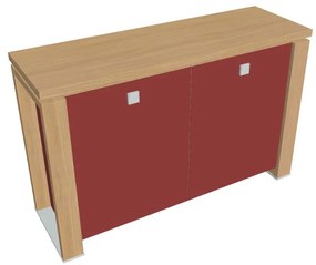 Nízka skriňa Verno+ S 140 x 46 x 90 cm, sklenené dvere, dub svetlý / červená
