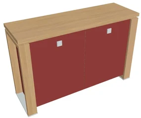 Nízka skriňa Verno+ S 140 x 46 x 90 cm, sklenené dvere, dub svetlý / červená
