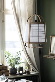 Závesná bambusová lampa s bielym látkovým tienidlom