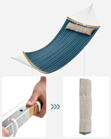 Dvojitá polstrovaná hojdacia sieť s odnímateľnými bambusovými tyčami s vankúšom, modrá