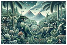 Obraz dinosaury v pralesnej krajine so sopkami