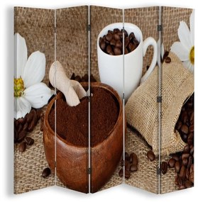 Ozdobný paraván, Mletá káva - 180x170 cm, päťdielny, klasický paraván