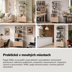 Regál so zásuvkami do kancelárie, na šanóny a dokumenty, otvorené police, kovový, biely/dub sonoma, 800x2200x400 mm: ARIEL Eco Design