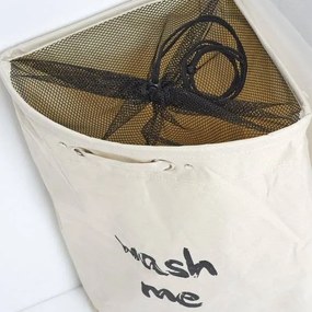 Textilný rohový kôš na špinavú bielizeň, uzatvárateľný, 50 l, krémový s nápisom WASH ME