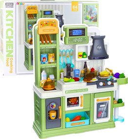 LEAN Toys Detská kuchynka s cirkuláciou vody, zmenou farby jedla a parou, zelená, 64 ks