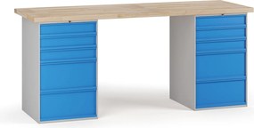 Dielenský pracovný stôl G7, buková škárovka, 2000 x 685 x 840 mm, 2x kontajner, 10 zásuviek, modrá