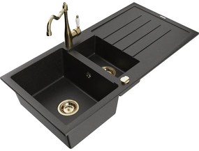 Mexen Andres, granitový drez 1000x500x200 mm, 1,5-komorový a drezová batéria Carla, čierna-zlatá metalíza, 6515-75-670700-50