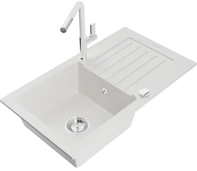 Mexen Pablo, 1-komorový granitový drez 752x436x161 mm a drezová batéria Flora, biela, 6510-20-670401-02