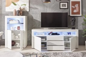 Široká TV skrinka Leeds, biela lesk, s osvetlením