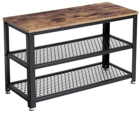 Lavica na topánky s 2 policami, botník s kovovým rámom, rustikálny hnedý