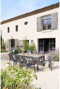 DEOKORK Hliníkový stôl VANCOUVER 142/202x90 cm (antracit/efekt dreva)