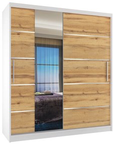 Šatníková skriňa 133 cm Belini biely mat / dub wotan s posuvnými dverami zrkadlom a zásuvkami MBP SZP6/1/W/DW/0/KLAL