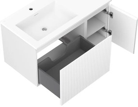 Mexen Rivel, kúpeľňová skrinka 90 cm s umývadlom Otis vľavo, 1S, 1D, drážkovaná, biela matná, 91A23-09047-3-BBFF01-W18L01