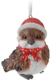 Závesný vianočný vtáčik s čiapkou 7,5 cm