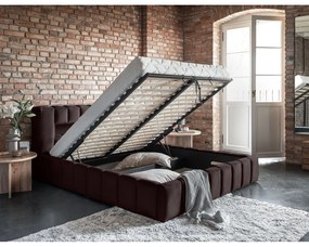 Tmavohnedá čalúnená dvojlôžková posteľ s úložným priestorom s roštom 180x200 cm Lamica – ELTAP