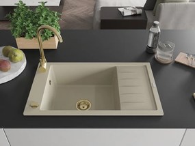 Mexen Elias granitový drez 1-komorový s odkvapkávačom 795 x 480 mm, béžový, zlatý sifón - 6511791005-69-G