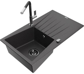 Mexen Cesar, 1-komorový granitový drez 775x470x190 mm a drezová batéria Flora, čierna škvrnitá, 6514-76-670401-07-B