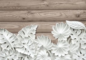 Fototapeta - Alabastrovo biele kvety na drevených doskách (254x184 cm)