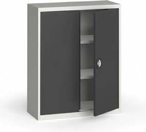 Plechová policová skriňa na náradie KOVONA, 1150 x 950 x 400 mm, 2 police, sivá/tmavo sivá