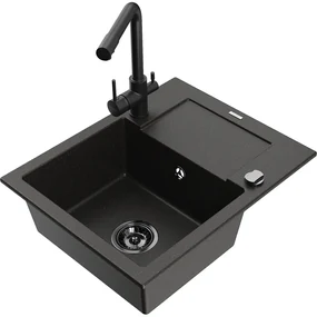 Mexen Enzo, granitový drez 576x465x174 mm, 1-komorový, čierna matná batéria Duero, čierna - zlatá metalíza, 6506-75-671600-70-B