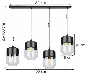 Závesné svietidlo Oslo 1, 4x čierne/transparentné sklenené tienidlo