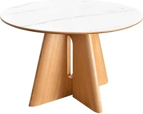 Okrúhly keramický jedálenský stôl Yenibeth 120 cm biely mramor / dub