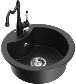 Mexen Diego, granitový drez 488x488x167 mm, 1-komorový a drezová batéria Carla, čierna-strieborná metalíza, 6512-73-670700-70