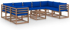 10-dielna záhradná sedacia súprava s modrými podložkami