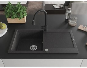 Mexen Leo, 1-komorový granitový drez 900x500x190 mm a drezová batéria Elia, čierna škvrnitá, 6501-76-670101-70