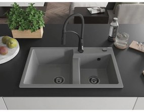 Mexen Tomas, 2-komorový granitový drez 800x500x190 mm a drezová batéria Aster, šedá, 6516-71-73450-70-B