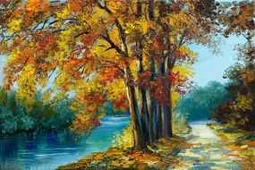 Samolepiaca tapeta maľba jesenných stromov pri rieke