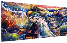 Obraz - Loď na oceánskych vlnách, aquarel (120x50 cm)