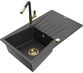 Mexen Cesar, 1-komorový granitový drez 775x470x190 mm a drezová batéria Flora, čierna škvrnitá, 6514-76-670401-57-G