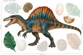 Spinosaurus s vajcami a fosíliami realistické dinosaurie nálepky do chlapčenskej izby na stenu arch 46 x 29 cm