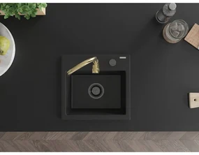 Mexen Milo, 1-komorový granitový drez 435x410x171 mm a zlatá batéria Telma, čierna, 6505-77-670200-50-B